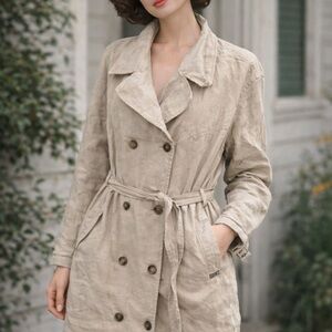 Dkny Taupe Double-Breasted Belted Trench Coat 100% linen
